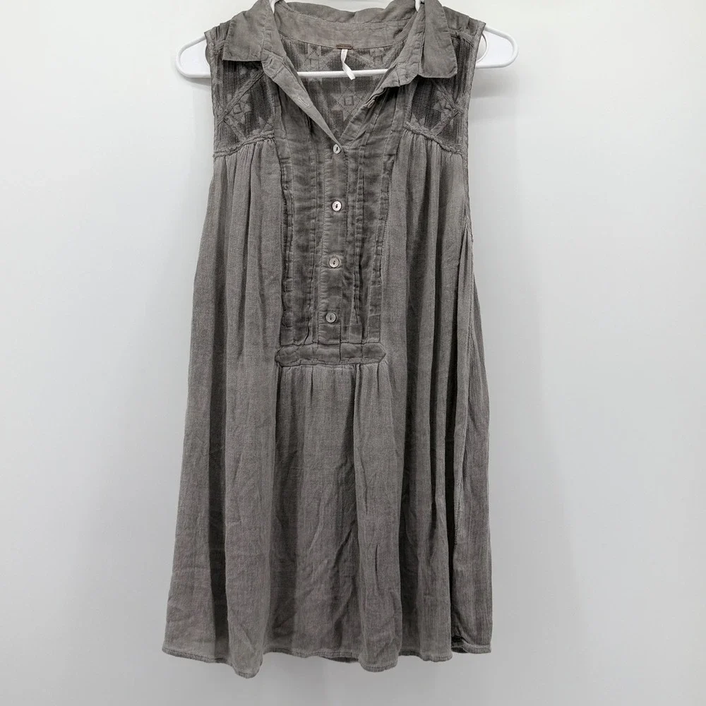 Free People Gray Sleeveless Embroidered Gauze Babydoll Tunic Top Womens Small